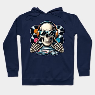 Skull head with headphones and sunglasses in a retro style. Hoodie